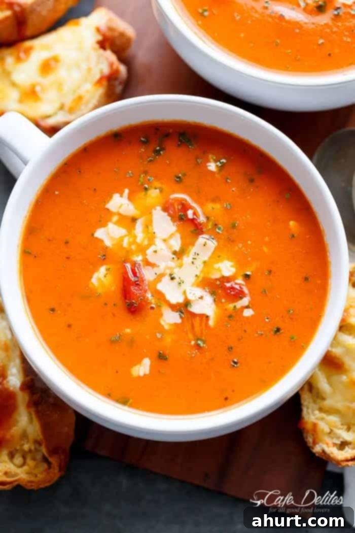 Velvety Roasted Tomato Basil Soup 3 Top view of Creamy Roasted Tomato Basil Soup in a cup