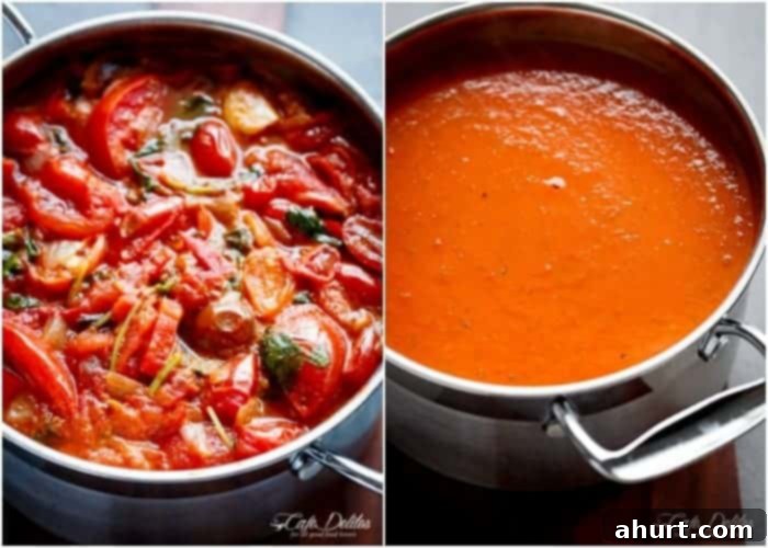 Velvety Roasted Tomato Basil Soup 6 Before and after image of Creamy Roasted Tomato Basil Soup