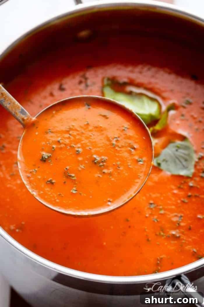 Velvety Roasted Tomato Basil Soup 7 A spoon filled with Creamy Roasted Tomato Basil Soup