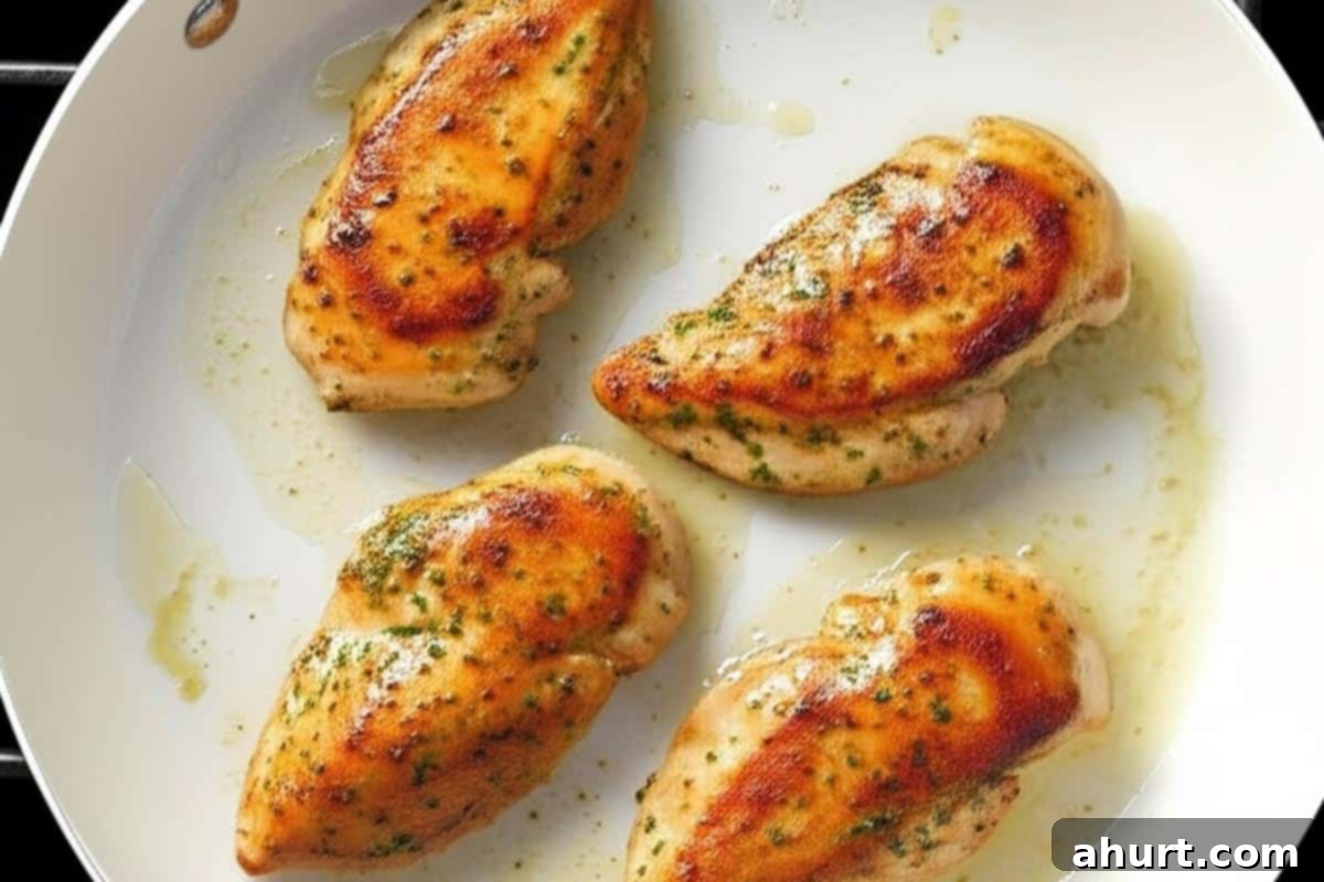 Chicken Mozzarella 6 Seasoned chicken fillets actively pan-frying to a golden-brown crisp in a large, heavy-bottomed, oven-safe skillet on a stovetop.