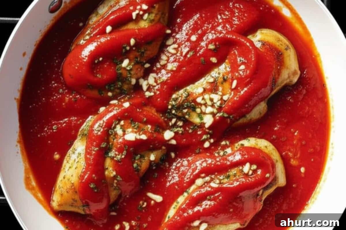 Chicken Mozzarella 7 Golden-brown chicken fillets nestled in a vibrant red marinara sauce, gently bubbling in a large oven-safe skillet, infused with aromatic garlic and Italian seasoning.