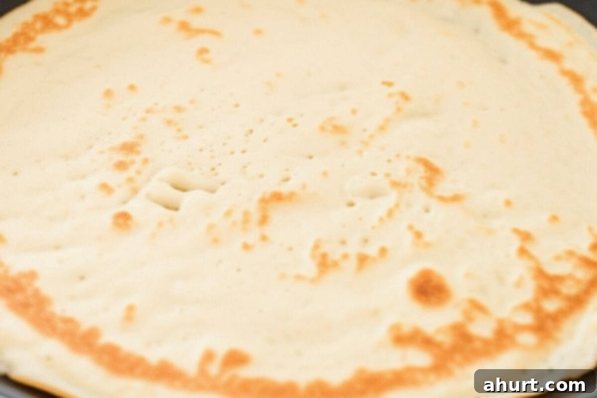 Flip the crepe carefully and cooked the underside. 