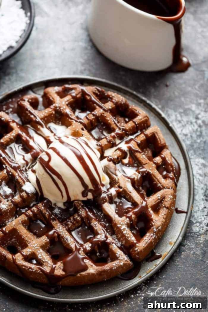 Dark Chocolate Cake Waffles with scoops of vanilla ice cream and chocolate drizzle, served on a white plate.