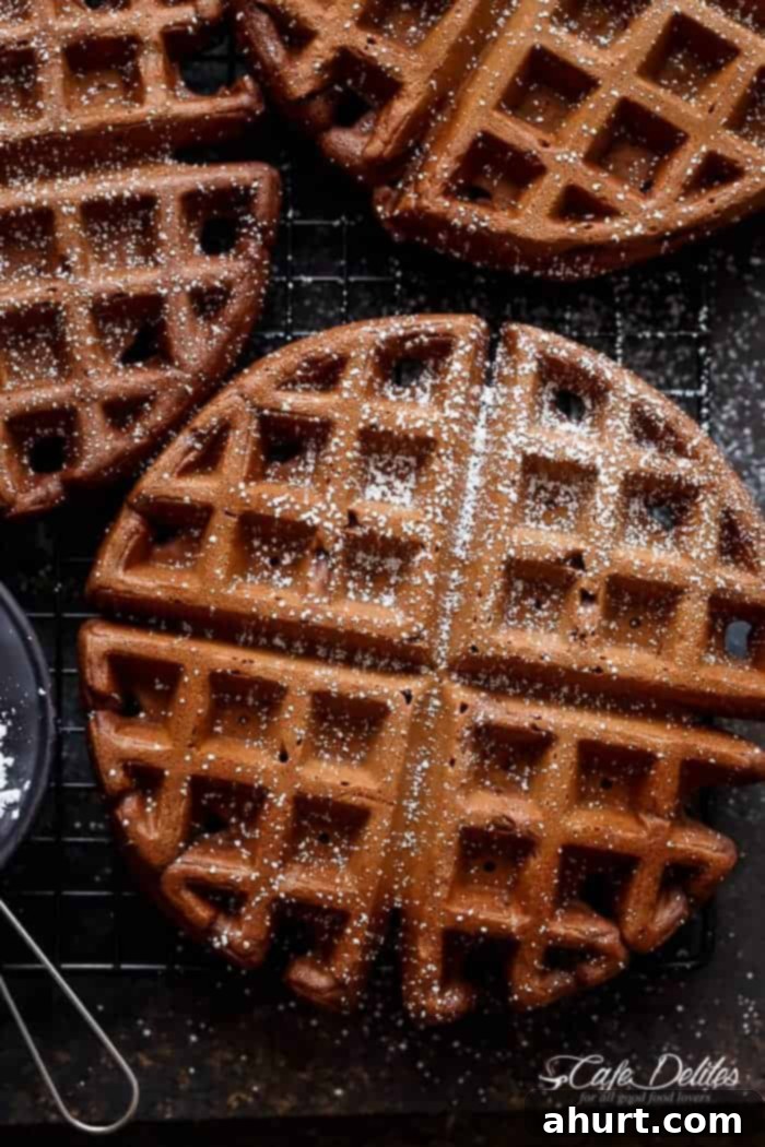 Close-up shot of a dark chocolate cake waffle, showing its crispy crust and fluffy interior texture.