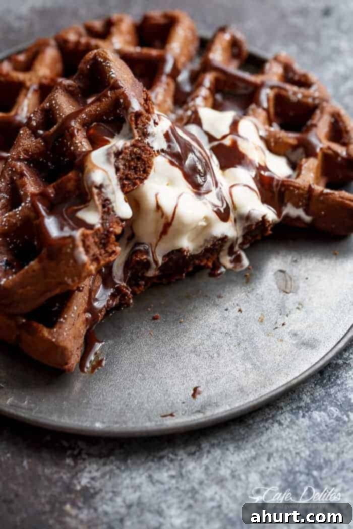 A close-up of a partially eaten dark chocolate cake waffle, showing a fork taking a bite, with a soft interior.