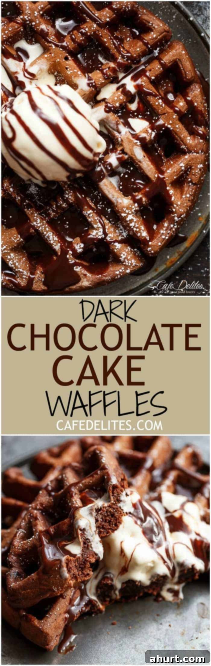 Waffled Chocolate Cake 7 PIN image of delicious Dark Chocolate Cake Waffles with toppings