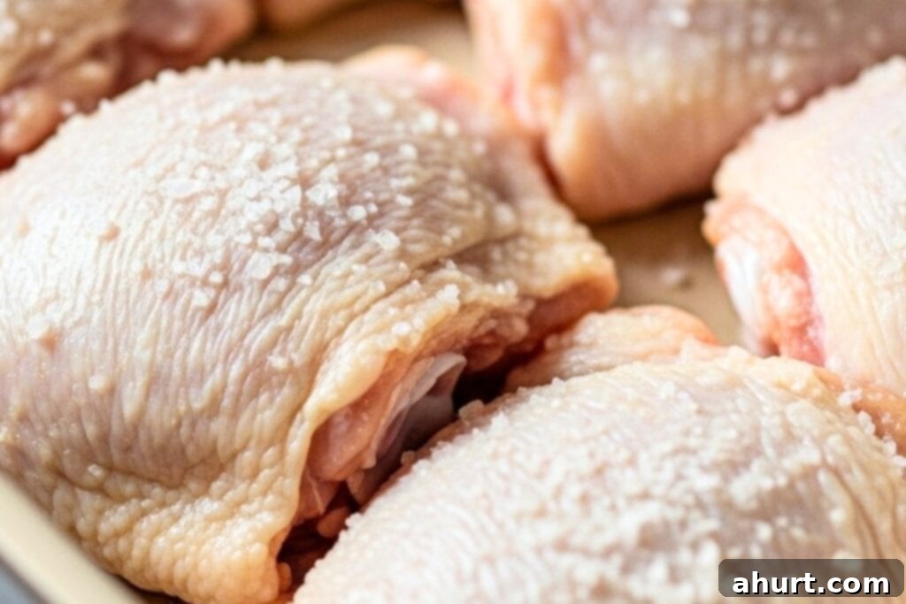 Chicken thighs seasoned with salt in a shallow dish, ready for marinade.