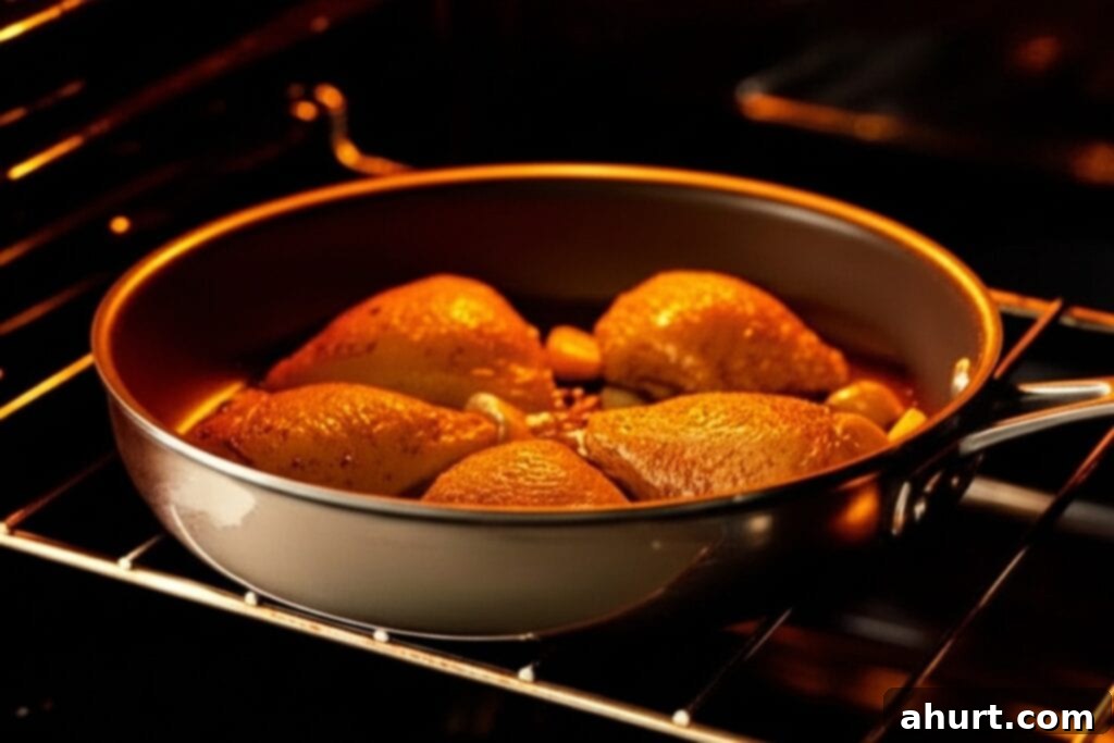 Chicken thighs arranged skin-side up in the skillet with garlic cloves and sauce, ready for baking.
