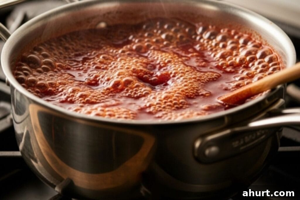 Reducing the honey lemon garlic sauce in a small pot on the stove.
