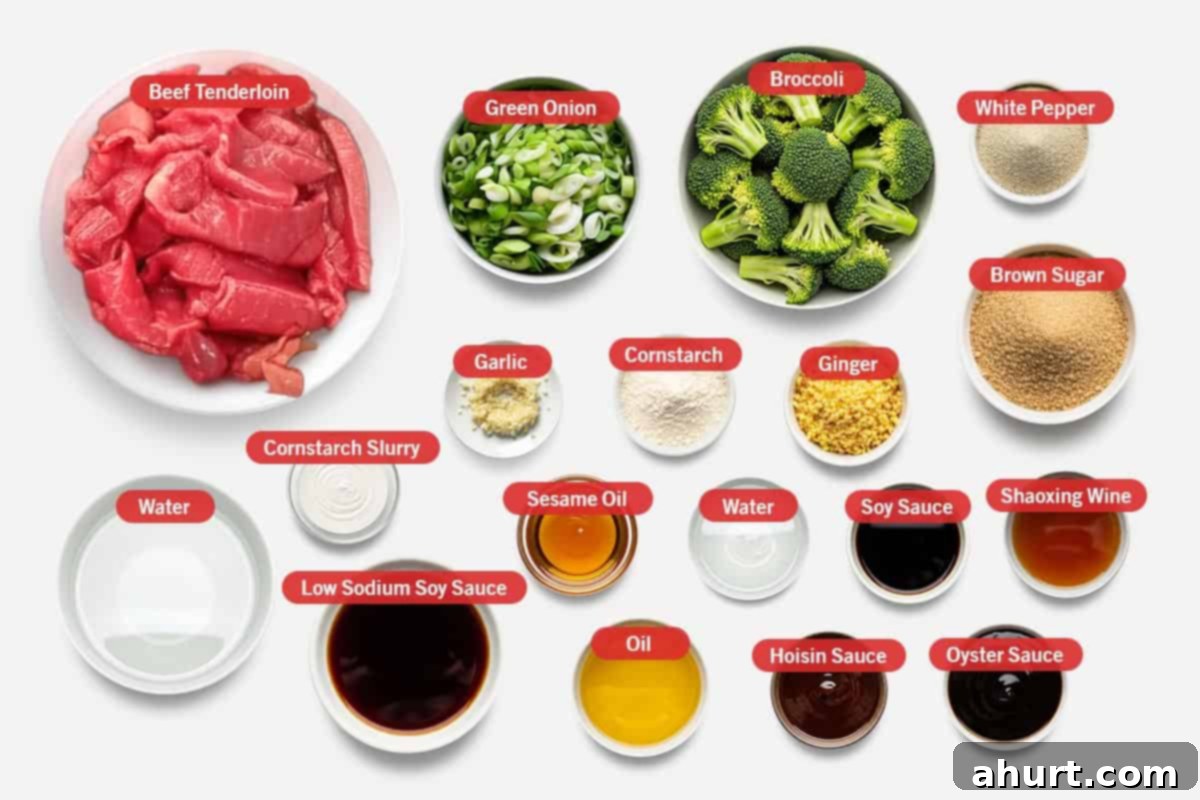 Extra Saucy Mongolian Beef and Broccoli 3 Top shot of ingredients: Beef tenderloin, green onion, broccoli, white pepper, garlic, cornstarch, ginger, brown sugar, cornstarch slurry, water, low sodium soy sauce, sesame oil, oil, soy sauce, hoisin sauce, oyster sauce, Shaoxing wine.
