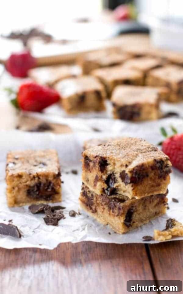 Cinnamon Sugar Chocolate Chunk Blondies 4 Churro Blondies pieces on a butter paper