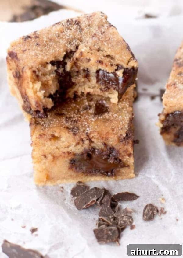 Cinnamon Sugar Chocolate Chunk Blondies 5 A bite taken from Churro Blondies