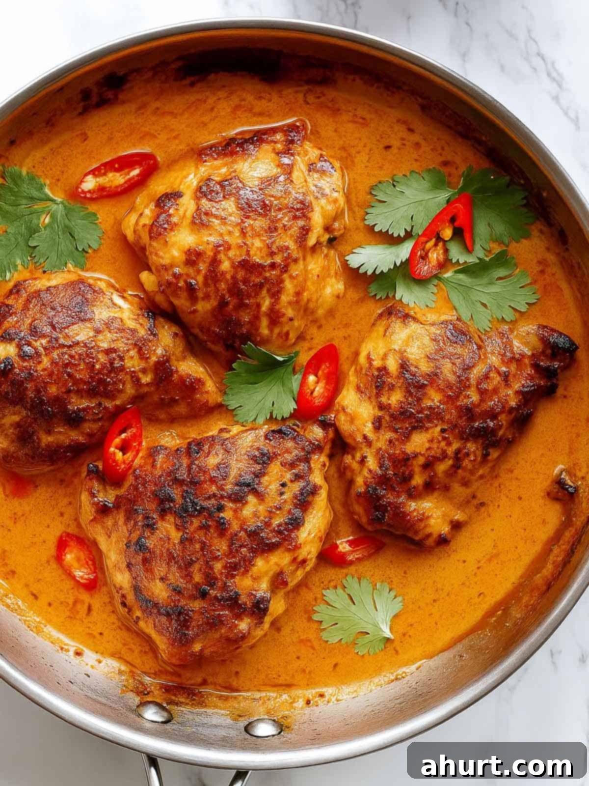 Sizzling Thai Chicken Skewers 2 Top view image of Thai Satay Chicken In A Creamy Peanut Sauce in a pan