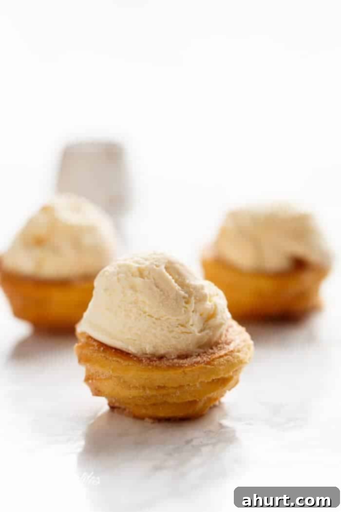 Mini Churro Ice Cream Bowls (Cups) with a scoop of ice cream, perfect for a small treat
