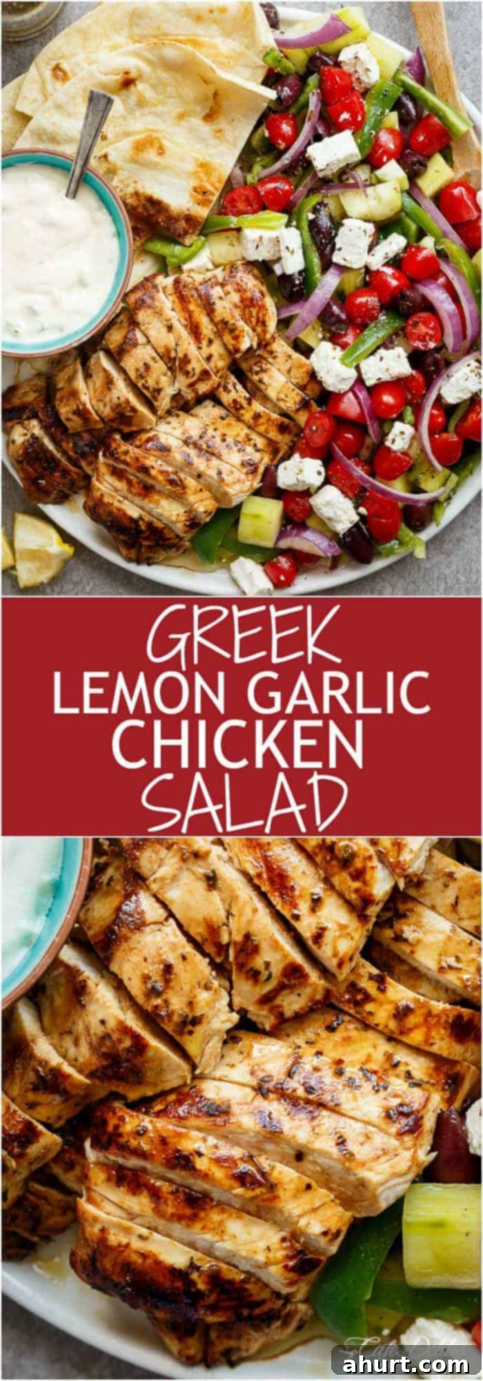 Zesty Greek Lemon Garlic Chicken Salad 7 PIN image of Greek Lemon Garlic Chicken Salad with an incredible dressing Complete with Tzatziki and homemade flatbreads.