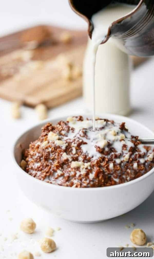 Decadent Nutella Brownie Oatmeal 5 milk being poured over Nutella Brownie Oatmeal in a bowl