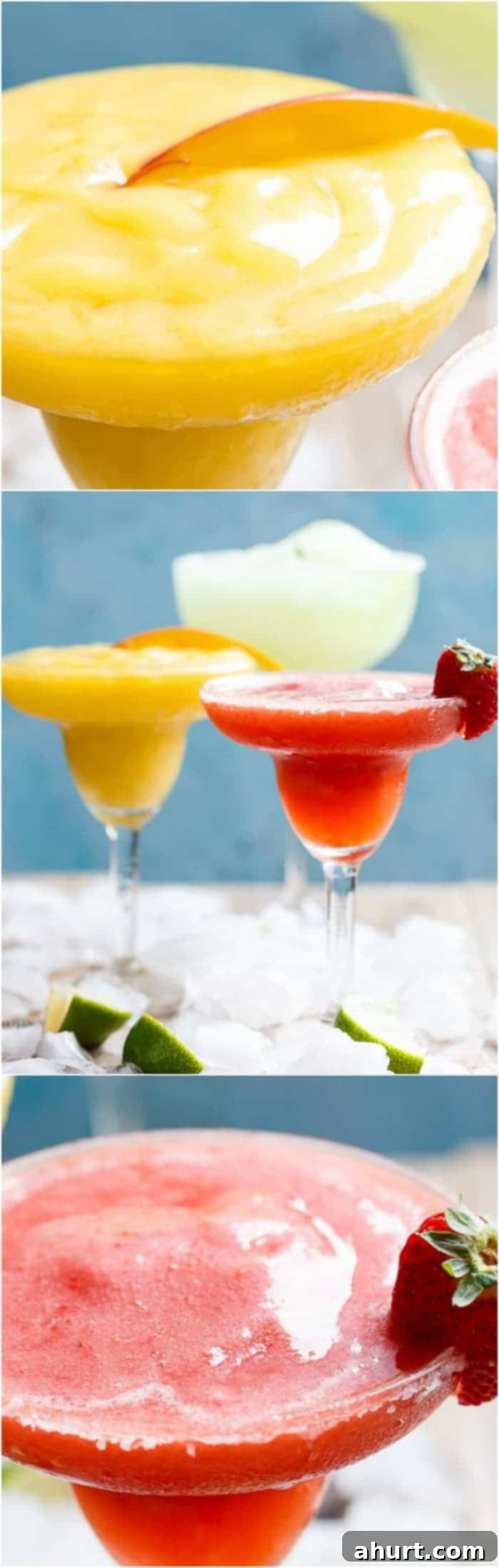 Tropical Strawberry Mango Margaritas 7 Side view of two glasses filled with colorful Frozen Strawberry and Mango Margaritas, showcasing the layered icy texture and festive garnishes.