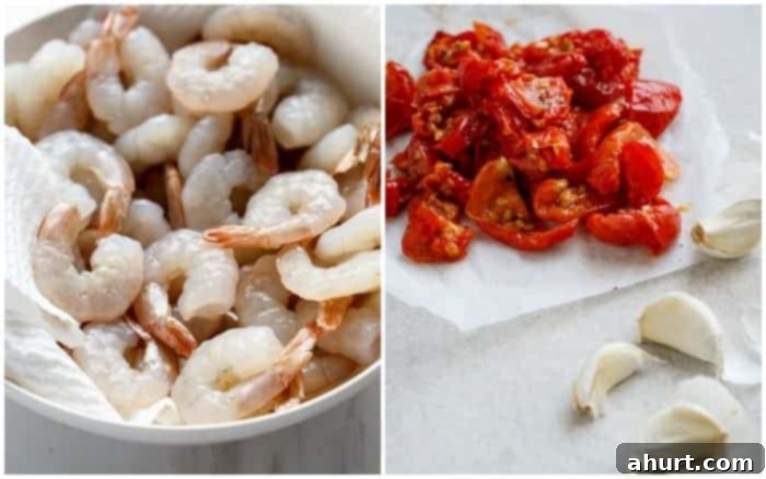 Zesty Sun-Dried Tomato Garlic Shrimp 4 Before and after image of raw and fried Spicy Garlic Sun Dried Tomato Shrimp, illustrating the transformation.