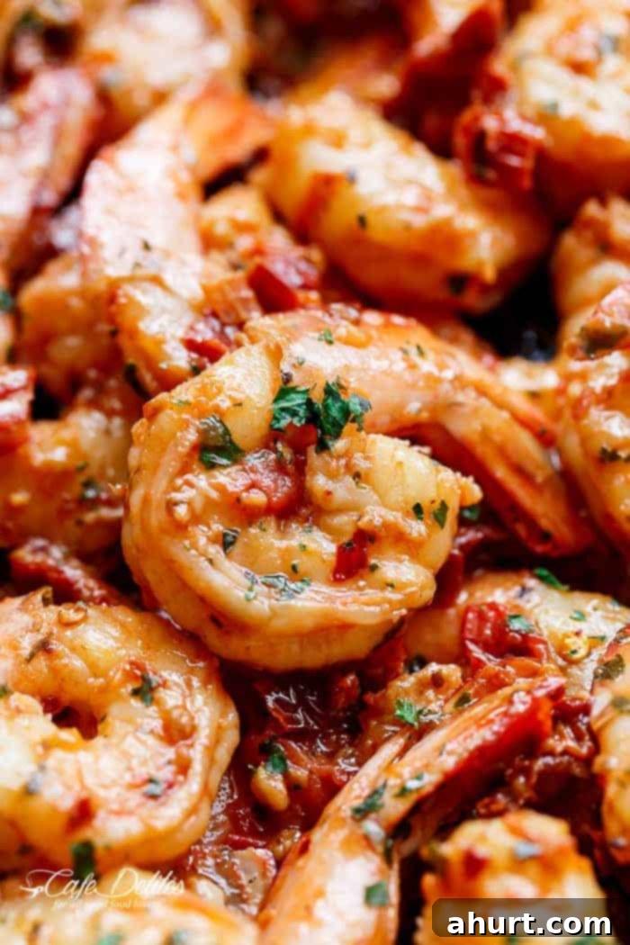 Zesty Sun-Dried Tomato Garlic Shrimp 6 Zoomed-in image of the Spicy Garlic Sun Dried Tomato Shrimp, highlighting the texture and sauce coating the shrimp.