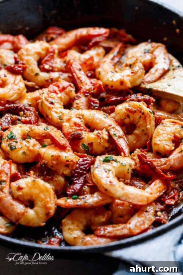 Zesty Sun-Dried Tomato Garlic Shrimp 7 Another top-down view image of the finished Spicy Garlic Sun Dried Tomato Shrimp, ready to be served.