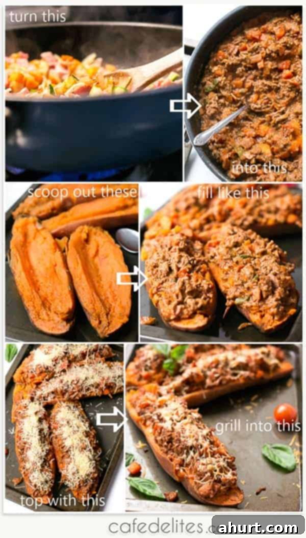 Sweet Potato Boats with Cheesy Bacon Bolognese 6 Collage on how to make Cheesy Bacon Bolognese Stuffed Sweet Potatoes