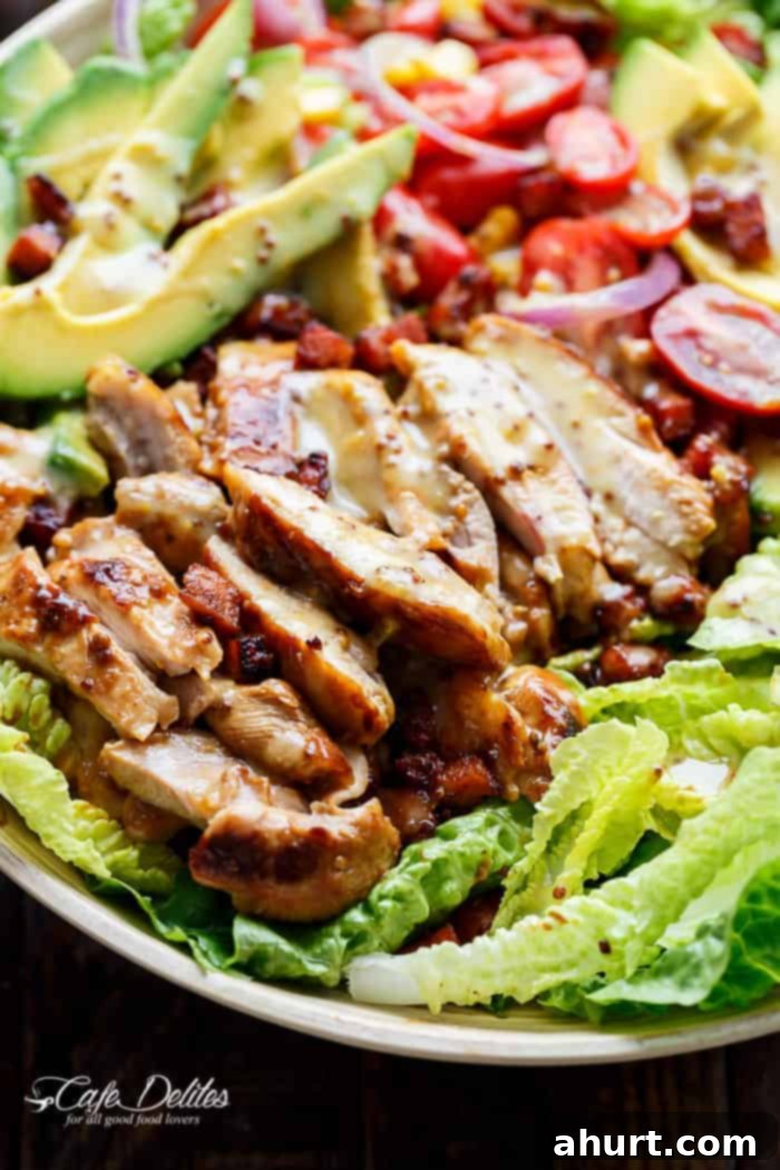 Honey Mustard Chicken Salad With Bacon, Avocado and a crazy good 5 ingredient dressing that doubles as a marinade | cafedelites.com Honey Mustard Chicken Salad With Bacon, Avocado on a plate