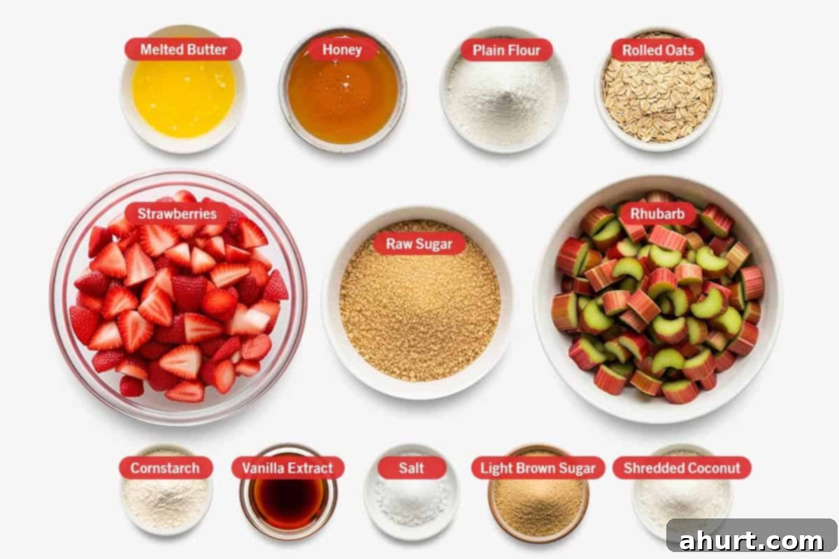 Comforting Strawberry Rhubarb Crisp 3 Top shot of ingredients for Strawberry Rhubarb Crisp: Melted butter, honey, plain flour, rolled oats, strawberries, raw sugar, rhubarb, cornstarch, vanilla extract, salt, light brown sugar, shredded coconut.