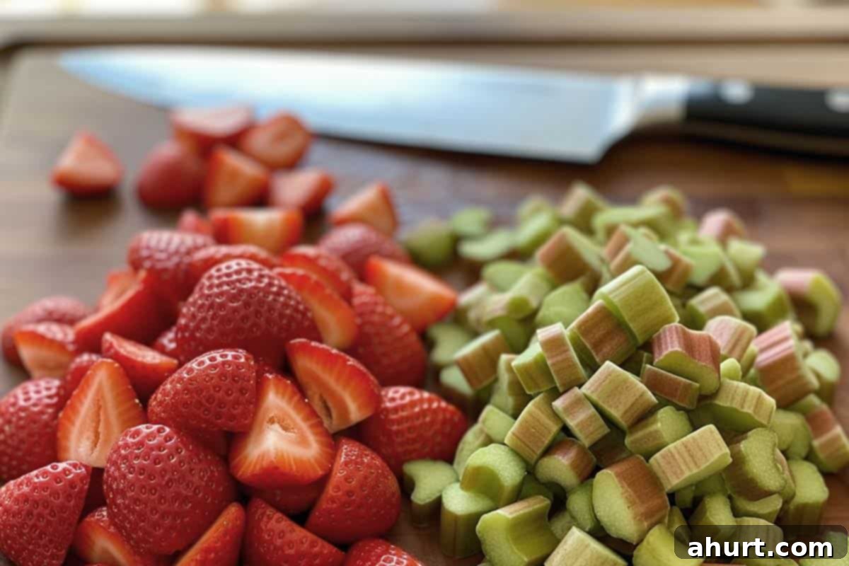 Comforting Strawberry Rhubarb Crisp 5 Quartered strawberries and sliced rhubarb prepared for the crisp.