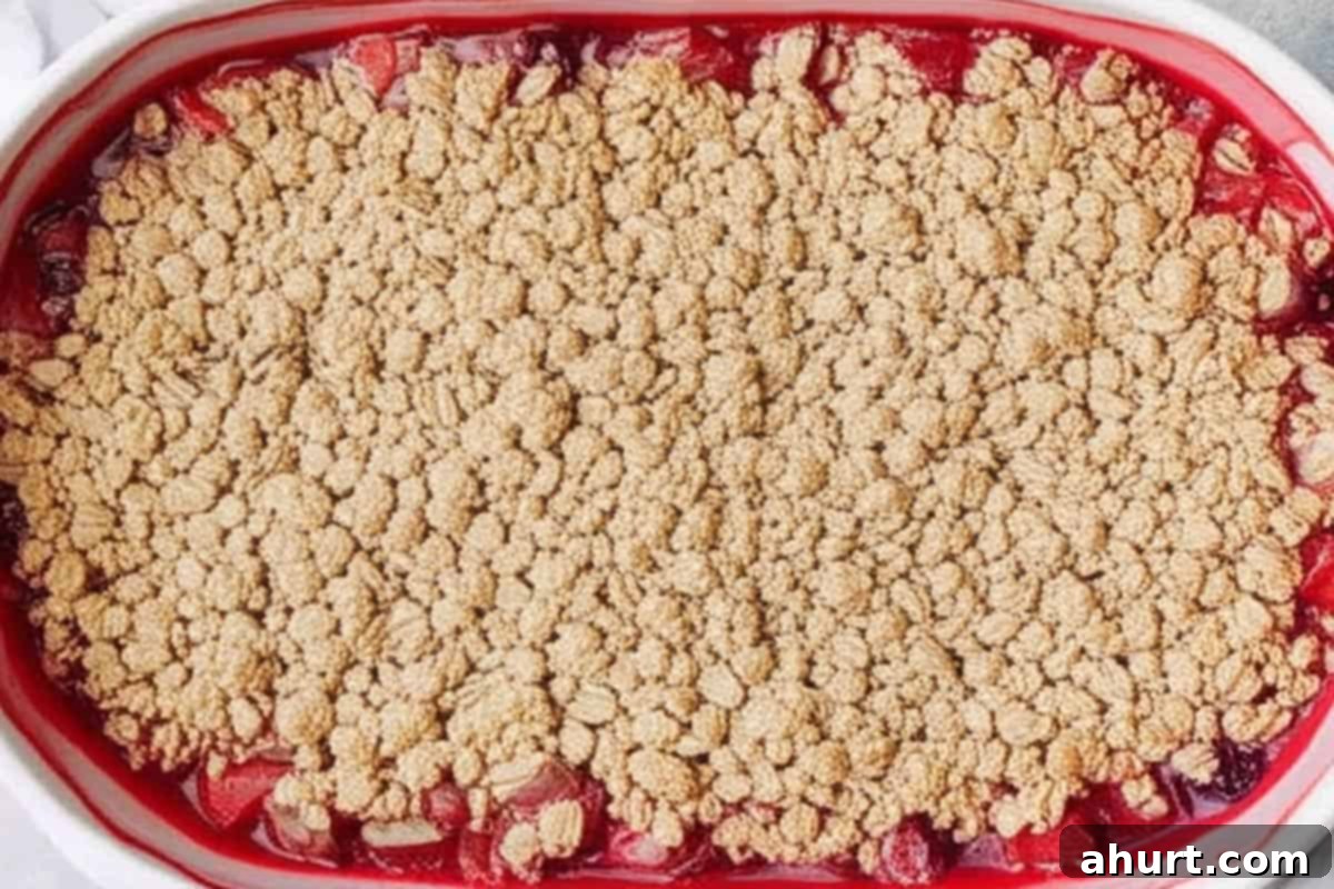 Comforting Strawberry Rhubarb Crisp 8 Scattered oat mixture evenly over the fruit filling in the baking dish.