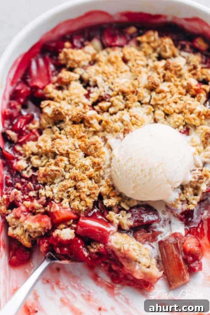 Comforting Strawberry Rhubarb Crisp 10 Strawberry Rhubarb Crisp with ice cream scoop