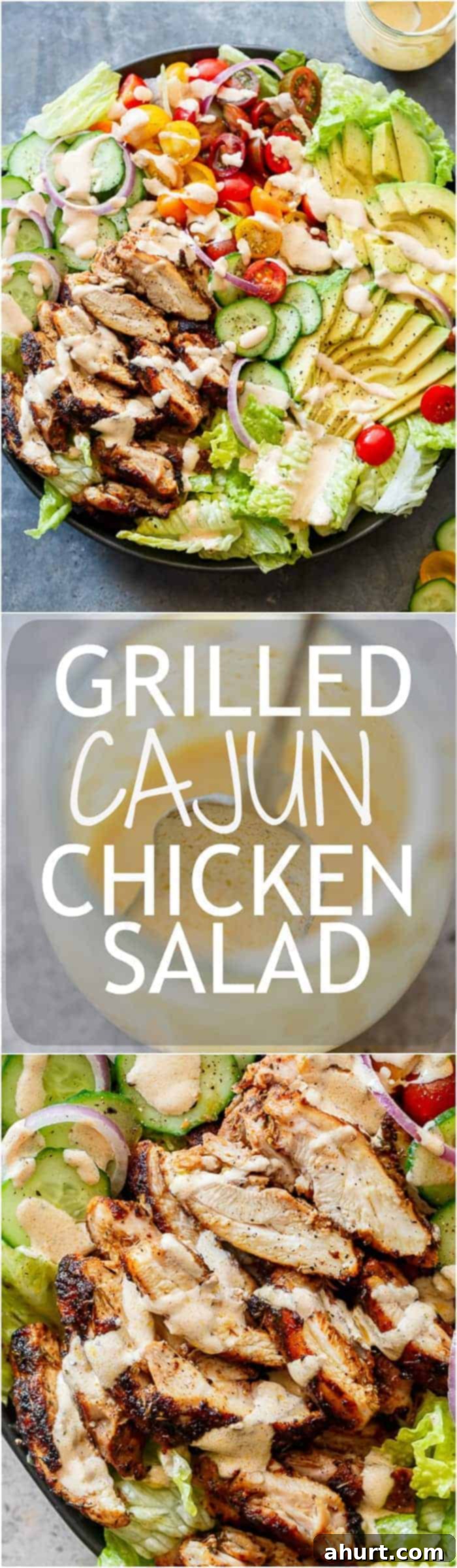 Zesty Cajun Grilled Chicken Salad with Signature Creamy Dressing 10 Pinterest pin image: Overhead view of Grilled Cajun Chicken Salad with Creamy Cajun Dressing on a platter