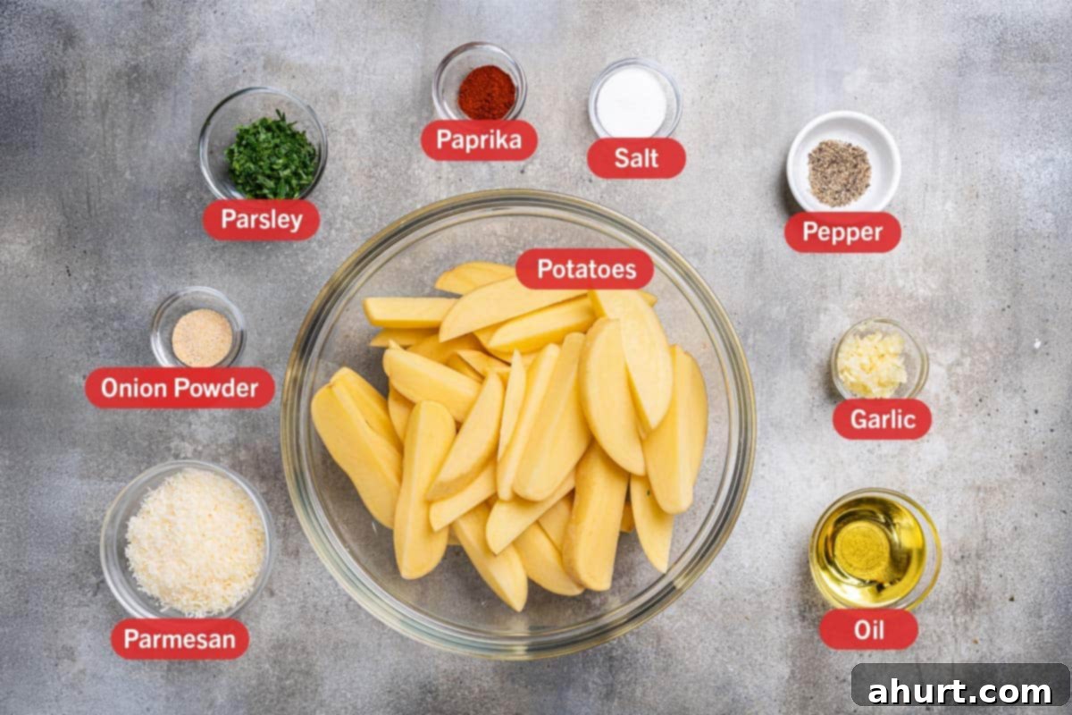Oven-Roasted Crispy Garlic Potato Wedges 3 Image of all the ingredients needed for the preparation of this recipe, specifically: potatoes, paprika, salt, pepper, garlic, oil, parmesan, onion powder, and parsley.