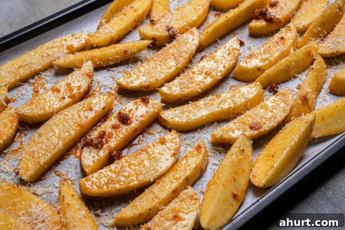Oven-Roasted Crispy Garlic Potato Wedges 7 Wedges in a single layer, skin-sides-down, on the baking trays being sprinkled with the seasoning.