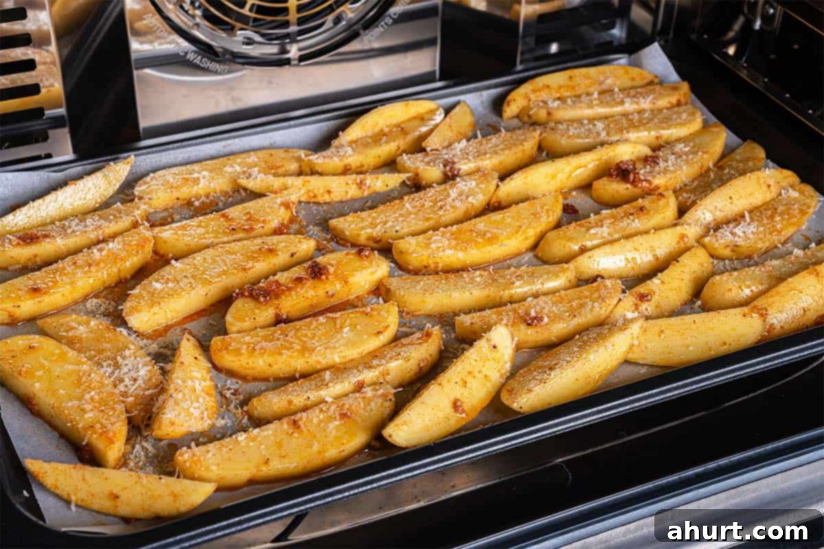 Oven-Roasted Crispy Garlic Potato Wedges 8 Image of wedges being baked in the oven for about 35 minutes.