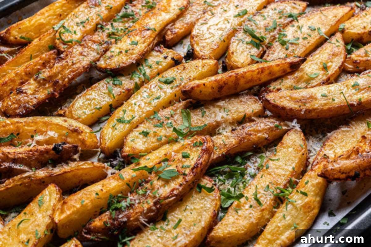 Oven-Roasted Crispy Garlic Potato Wedges 9 Beautiful golden-brown, crispy potatoes just removed from the oven covered in garlicky sauce and parsley.