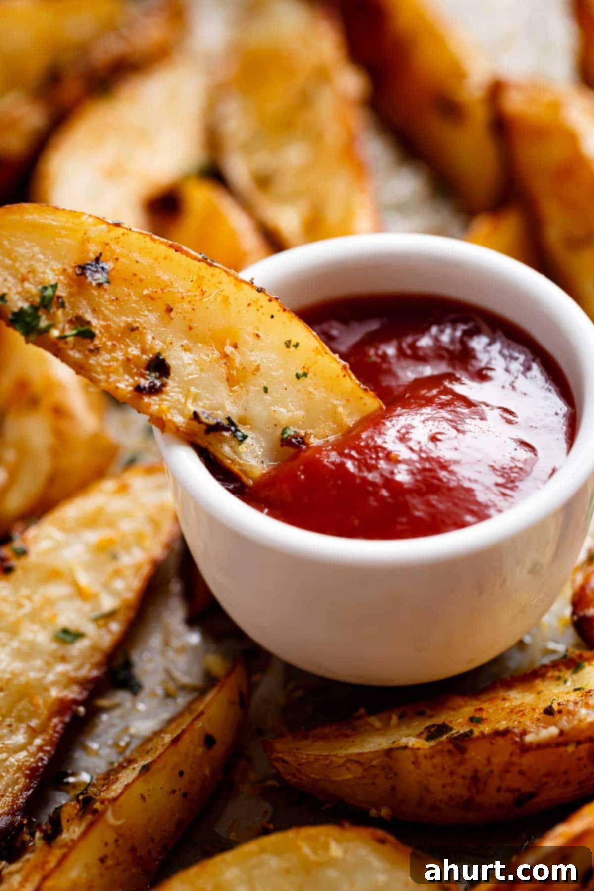 Oven-Roasted Crispy Garlic Potato Wedges 10 Baked potato wedges served with tomato ketchup in a bowl.