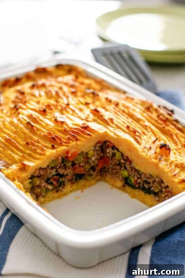 Pumpkin Beef Shepherd's Pie 2 A slice removed from a whole Beef and Pumpkin Shepherd's Pie, showing layers