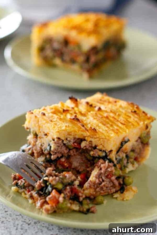 Pumpkin Beef Shepherd's Pie 4 Fork digging into a piece of Beef and Pumpkin Shepherd's Pie, showcasing the texture