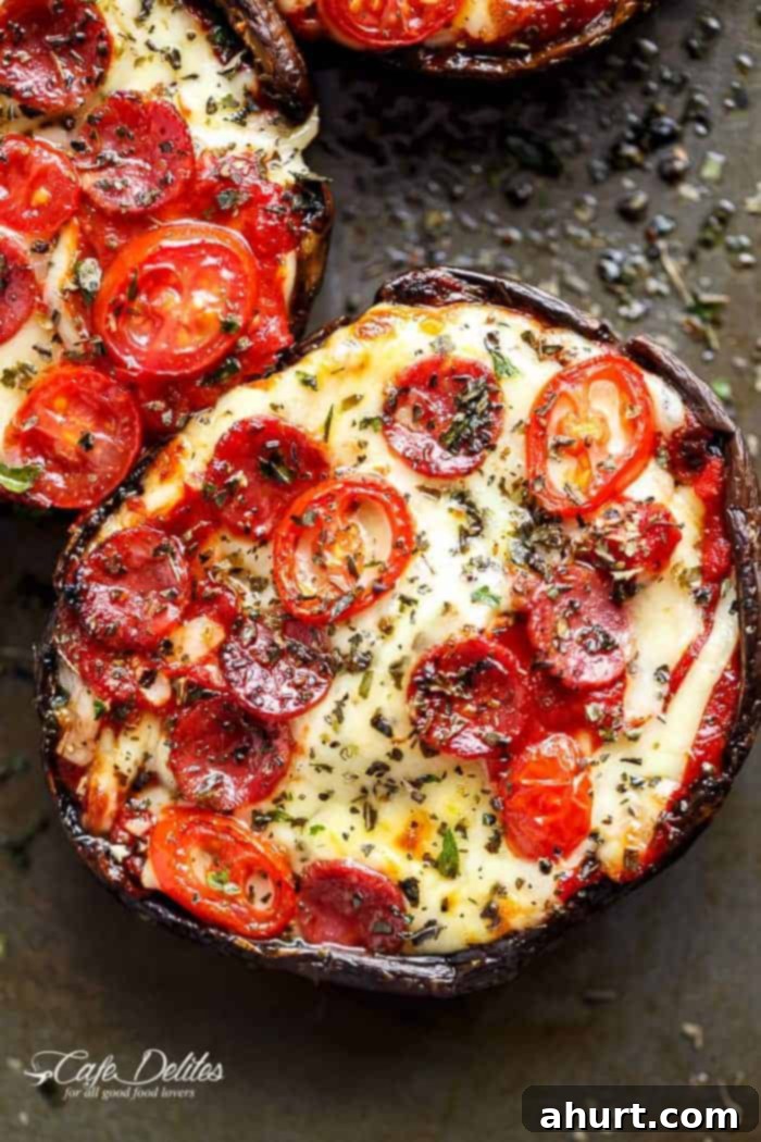 Speedy Portobello Pizza Caps 2 Close-up image of a freshly baked 10-minute Portobello Pizza, showing melted mozzarella cheese and mini pepperonis on a mushroom cap