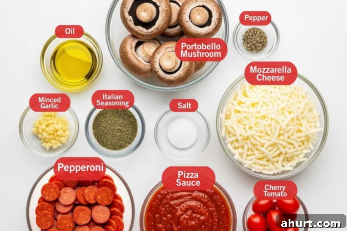 Speedy Portobello Pizza Caps 3 Collection of fresh ingredients for making Portobello Pizzas including cleaned mushrooms, a bowl of pizza sauce, shredded mozzarella cheese, mini pepperoni, fresh garlic, and Italian seasoning