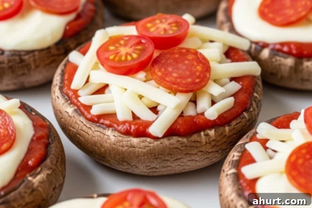 Speedy Portobello Pizza Caps 7 Assembling Portobello Pizzas with pizza sauce, shredded mozzarella, mini pepperoni slices, and thinly sliced tomatoes inside the mushroom caps
