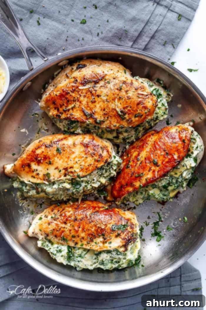 Cheesy Spinach Artichoke Stuffed Chicken 2 Golden brown Spinach Artichoke Stuffed Chicken Breast on a baking pan, garnished with fresh herbs.