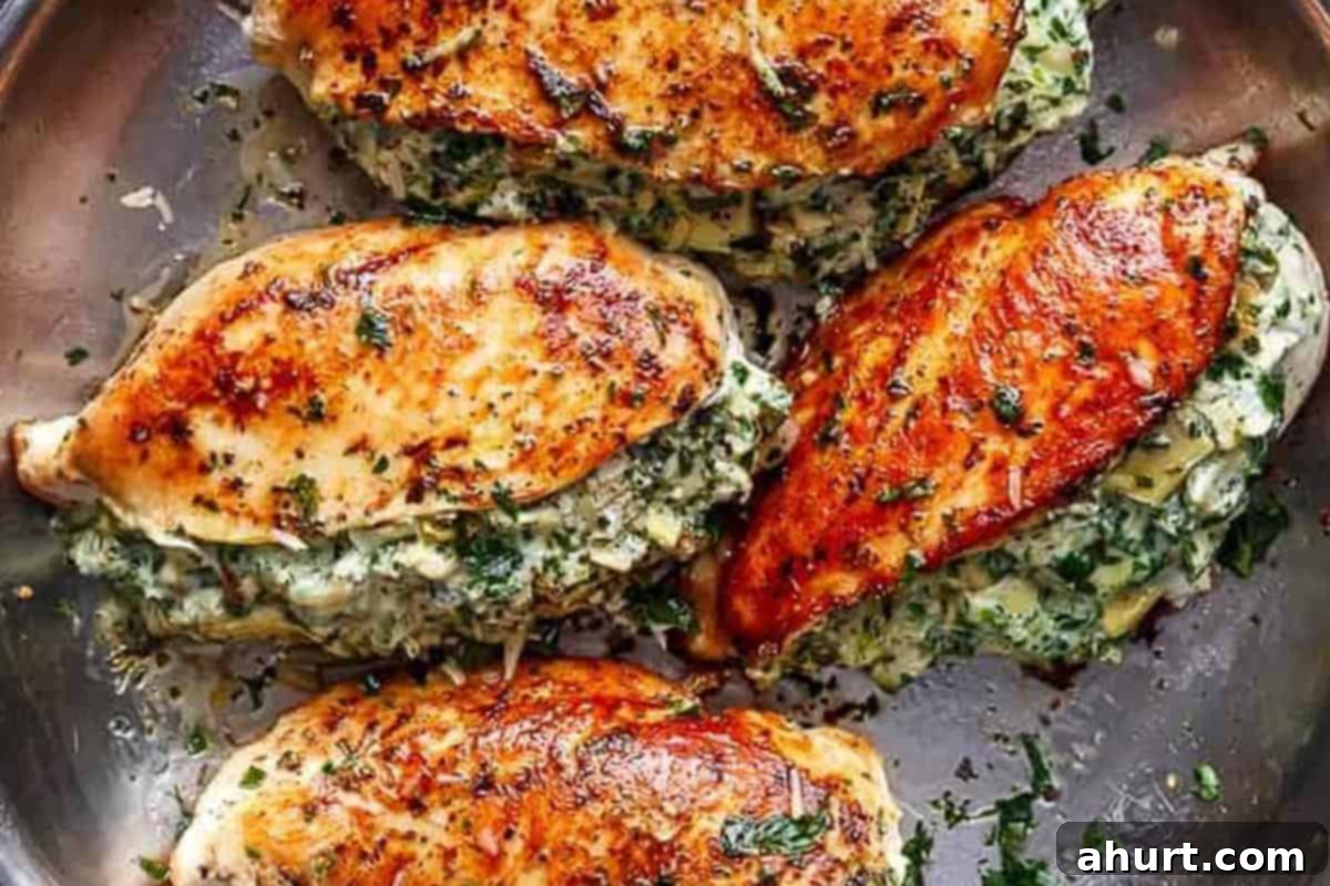 Cheesy Spinach Artichoke Stuffed Chicken 11 A close-up of a Spinach Artichoke Stuffed Chicken Breast, glistening with cream sauce and ready to be served.