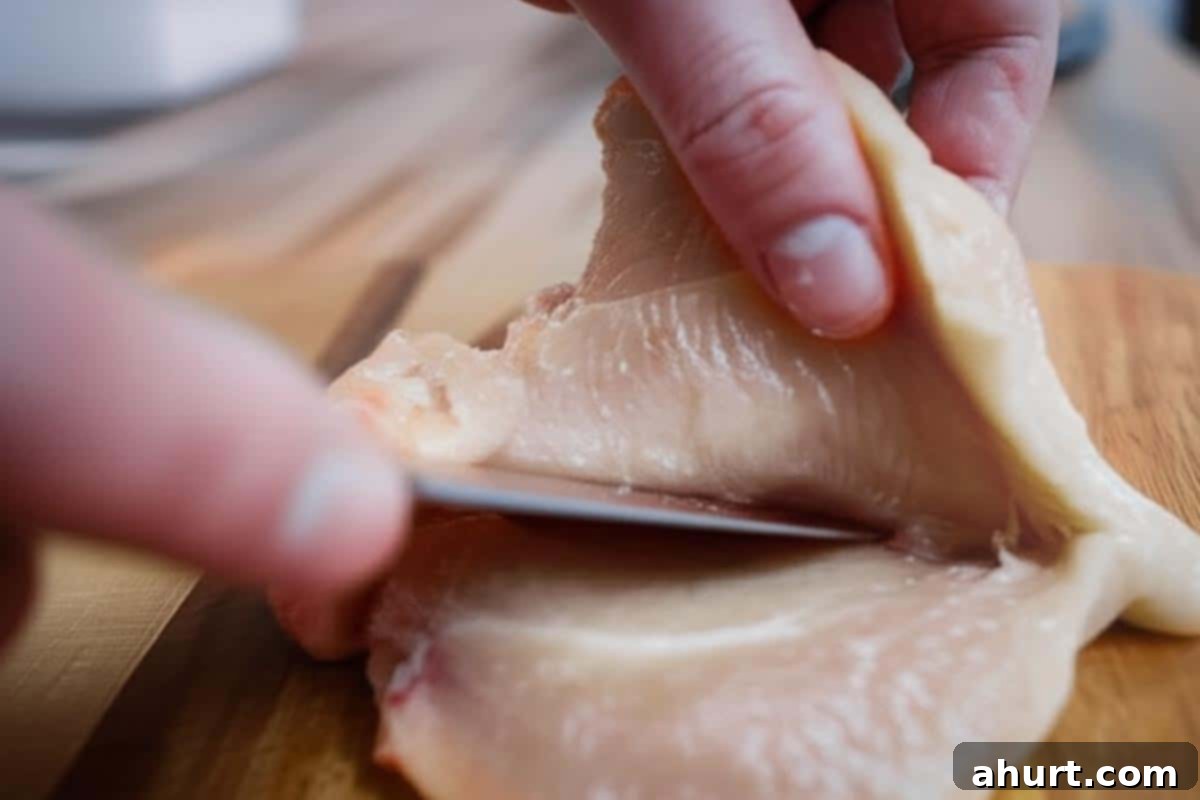 Cheesy Spinach Artichoke Stuffed Chicken 4 A hand carefully cutting a deep pocket into a raw boneless, skinless chicken breast on a cutting board.