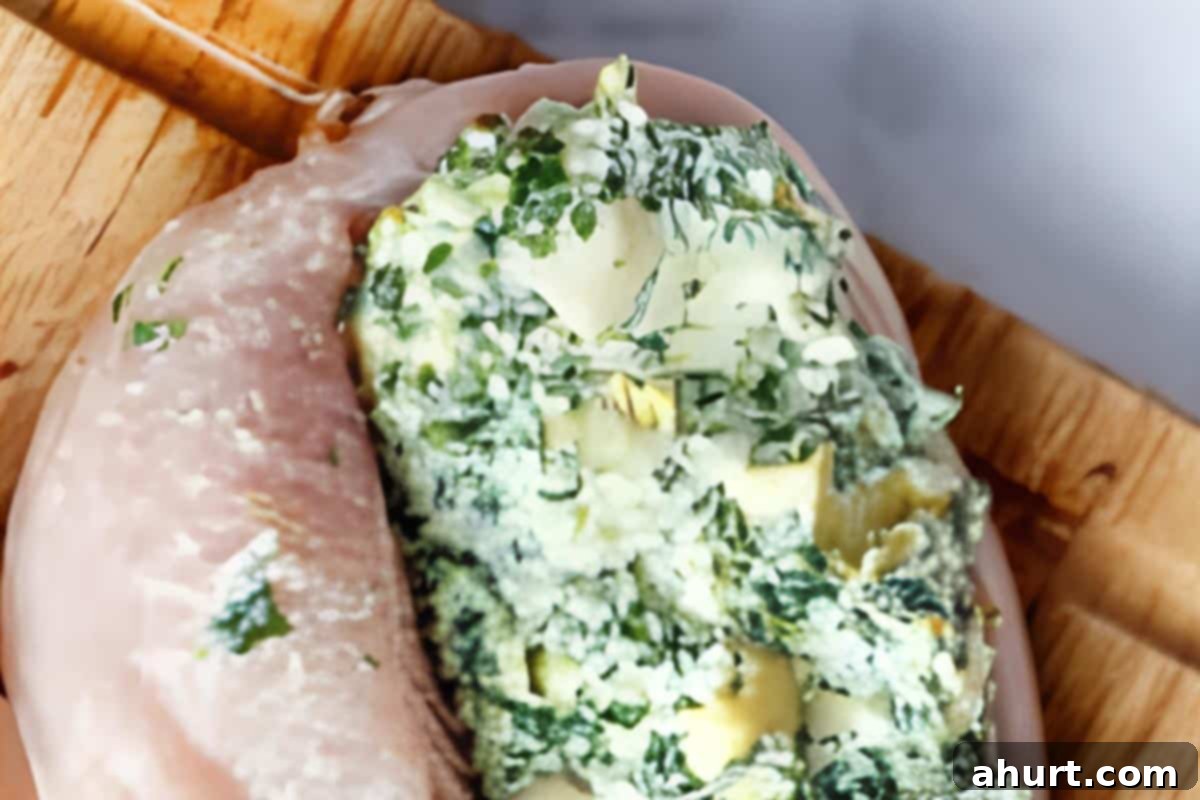 Cheesy Spinach Artichoke Stuffed Chicken 6 A close-up shot of a chicken breast with a generous amount of spinach artichoke filling spooned inside the pocket.