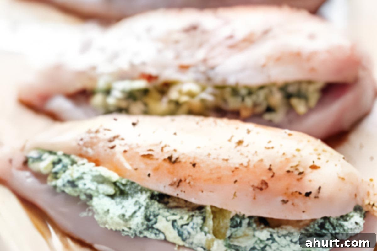 Cheesy Spinach Artichoke Stuffed Chicken 7 Two spinach artichoke stuffed chicken breasts secured with toothpicks on a cutting board, ready for searing.