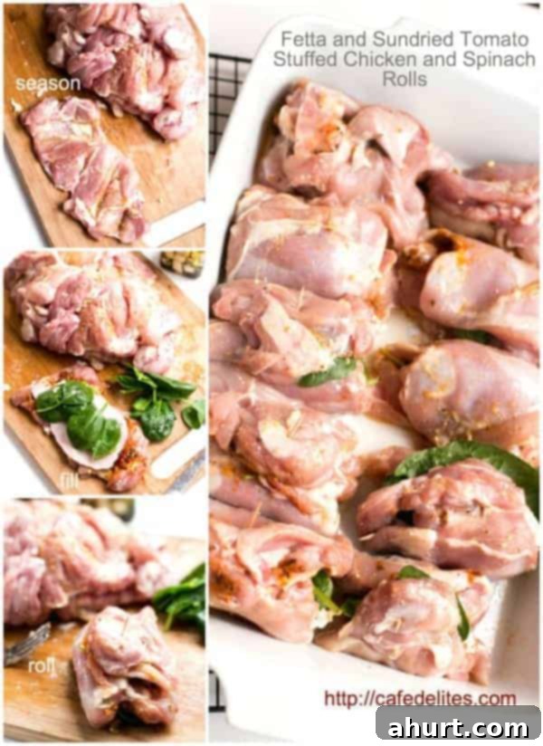 Feta Bacon Sundried Tomato Chicken Roulades 5 Collage on how to make Fetta and Sundried Tomato Stuffed Chicken and Spinach Rolls