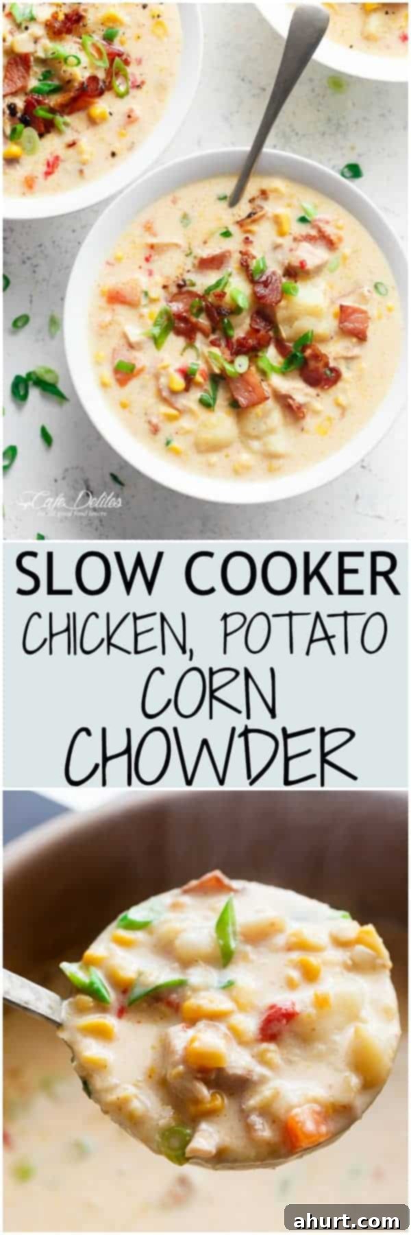 Creamy Chicken Corn Chowder 7 A Slow Cooker Chicken Potato Corn Chowder, showing its thick and creamy texture, topped with crispy bacon pieces and mozzarella cheese, a perfect comfort meal.