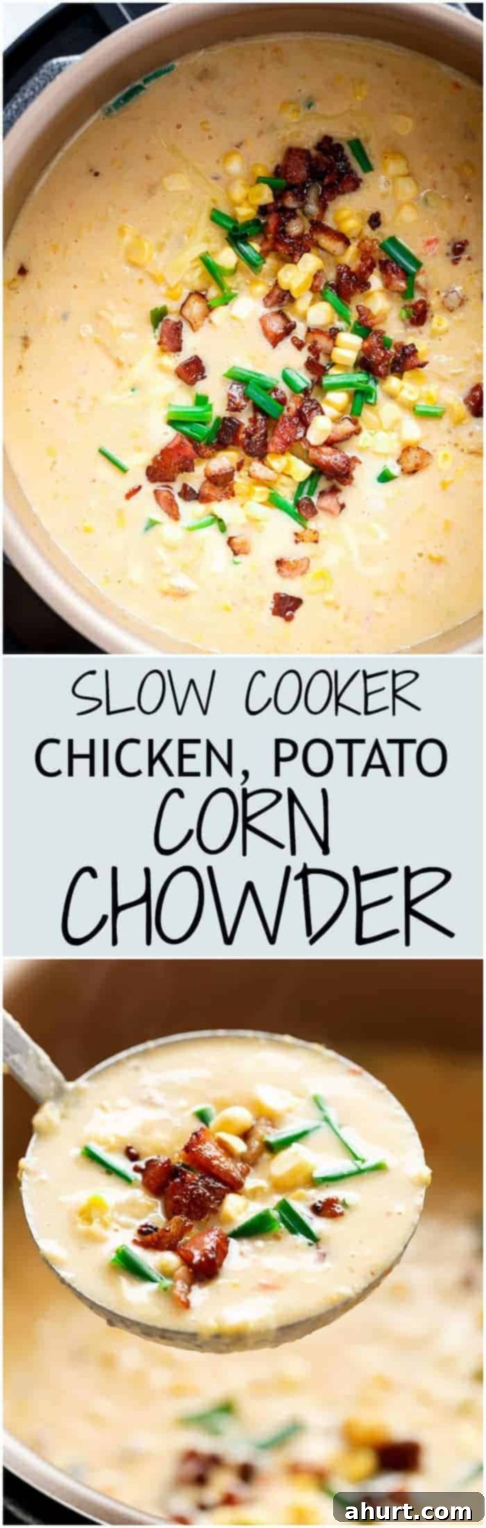 Creamy Chicken Corn Chowder 8 Close-up of a bowl of Slow Cooker Chicken Potato Corn Chowder, highlighting the rich broth, tender chicken, and sweet corn kernels, garnished with fresh herbs and bacon.