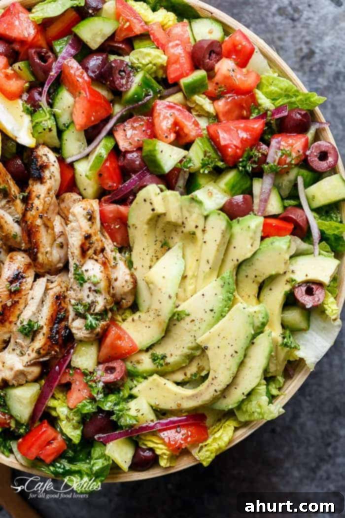 Mediterranean Grilled Lemon Herb Chicken Salad 8 Close-up of a serving of Grilled Lemon Herb Mediterranean Chicken Salad, showcasing its fresh ingredients